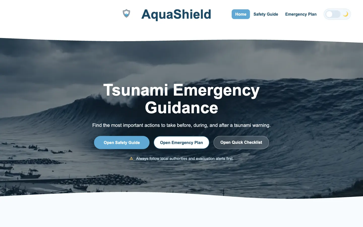 Screenshot of the AquaShield tsunami emergency guide