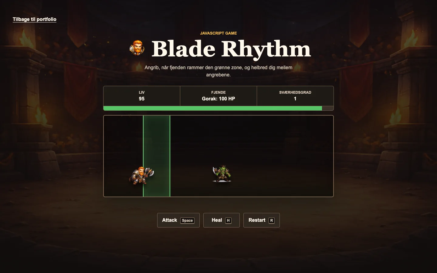 Blade Rhythm gameplay showing the player, enemy and green timing zone