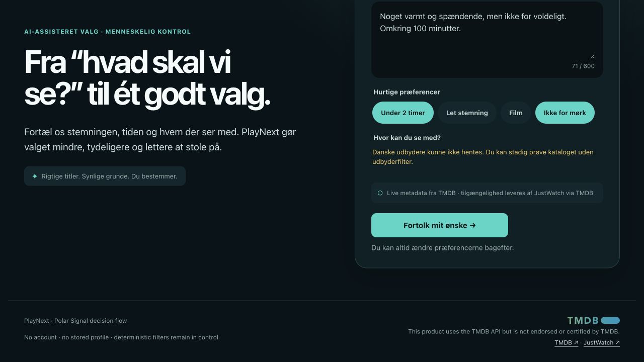 PlayNext request screen with a mood prompt and editable viewing preferences